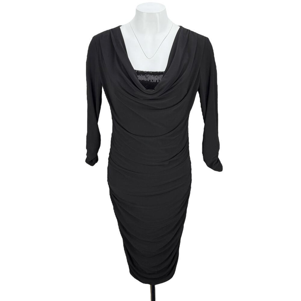 FRANK LYMAN Ruched Cowl Sequin Cocktail Black Design Dress Size 6